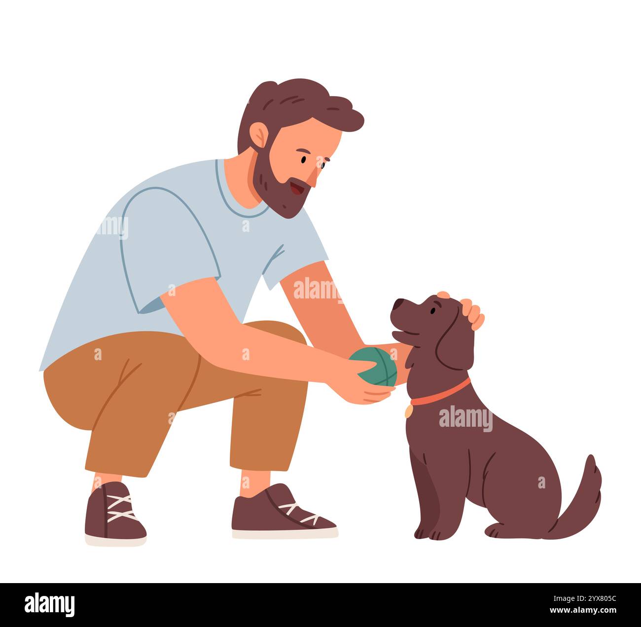 Un uomo sta addestrando un cane a giocare a palla. Cartoon Vector concetto di allenamento degli animali domestici, esercizio fisico e attività ricreative all'aperto Illustrazione Vettoriale