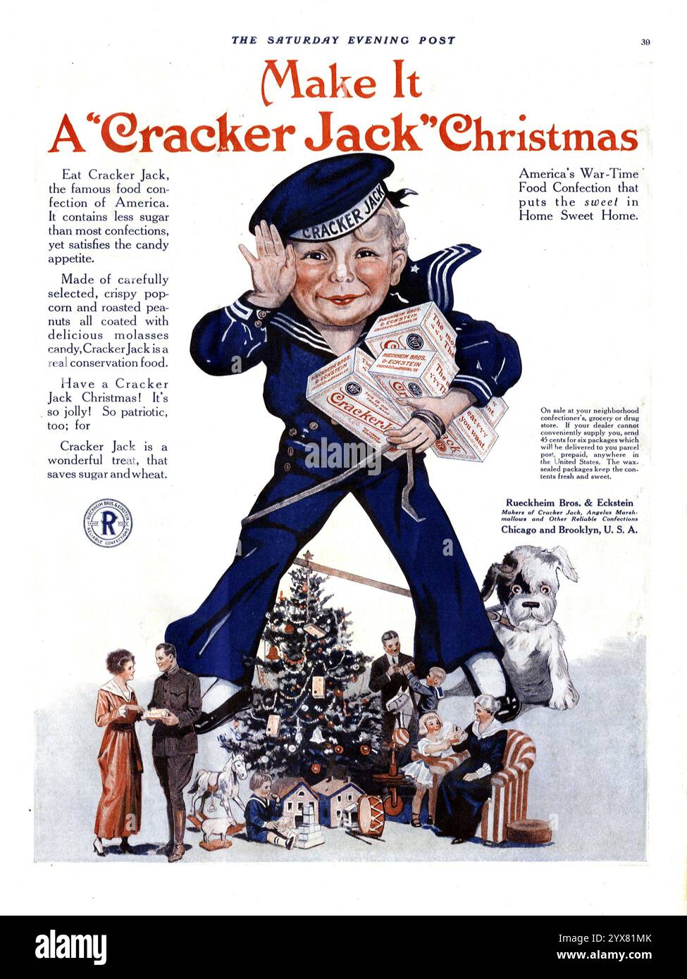 Annuncio natalizio Rueckheim Bros' Cracker Jack 1918 WW1 Foto Stock