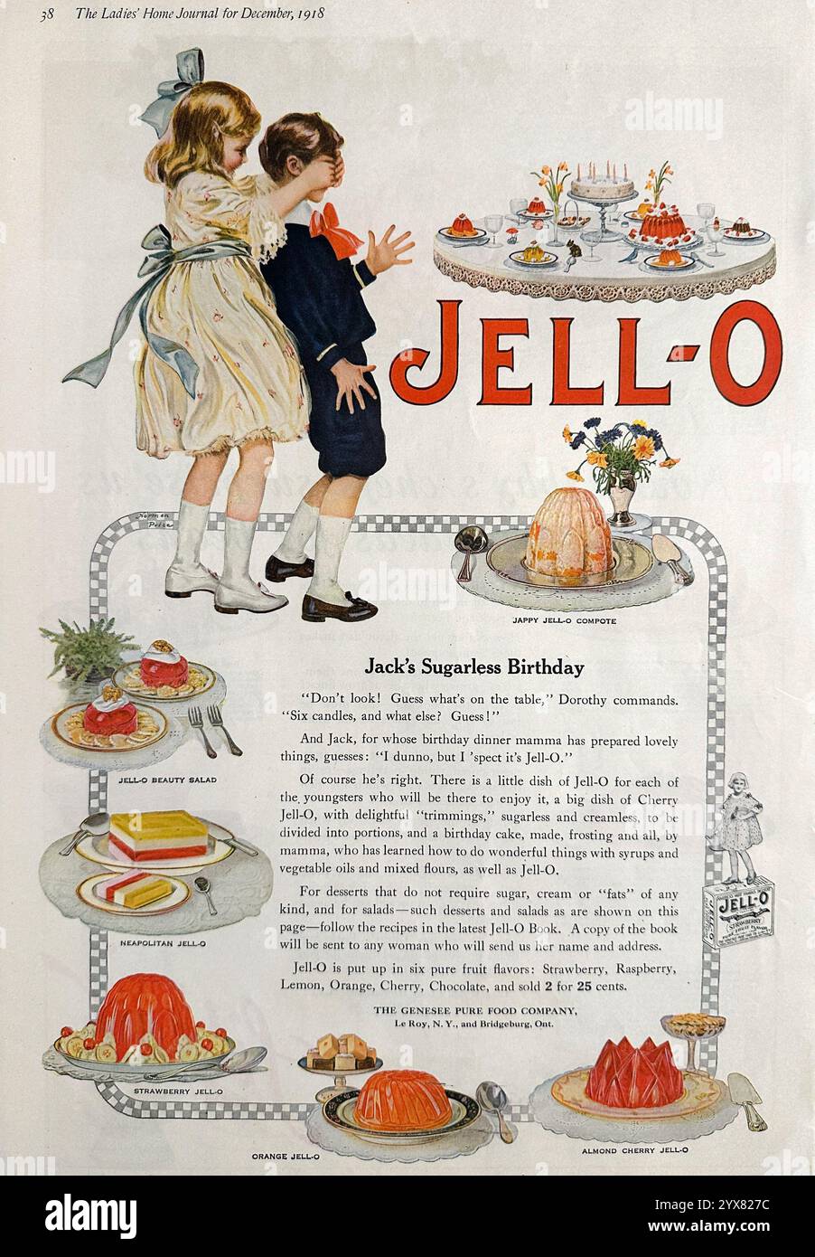 1918 JELL-o Genesee Pure Food dessert ad - "il compleanno senza zucchero di Jack" Foto Stock
