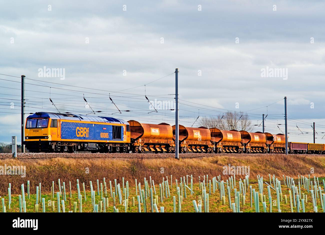 GBRF Classe 60 085 su Freight at Shipton by Beningbrough, North Yorkshire, Inghilterra 20 febbraio 2024 Foto Stock
