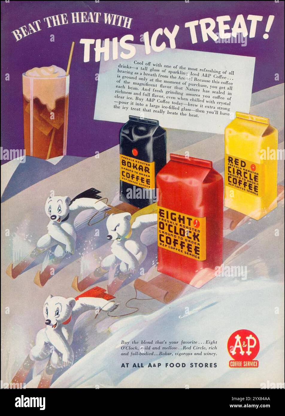 1940 A&P Bokar Coffee, Red Circle Coffee, Eight o'Clock Coffee, pubblicità a stampa - Coffee freddo Foto Stock