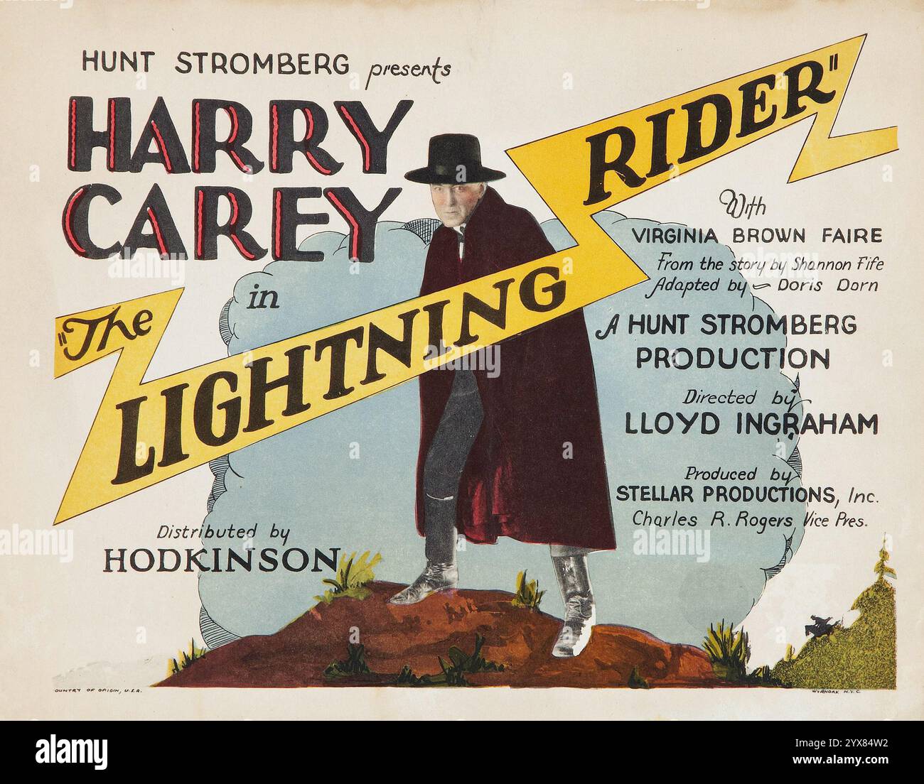 Hunt Stromberg presenta Harry Carey in The Lightning Rider (W.W. Hodkinson Corporation, 1924). Occidentale. Titolo scheda lobby - filmato silenzioso Foto Stock