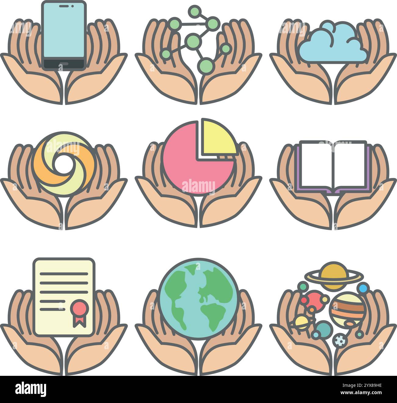 Set di icone vettoriali con le mani che tengono in mano vari simboli che rappresentano scienza, tecnologia e sostenibilità Illustrazione Vettoriale