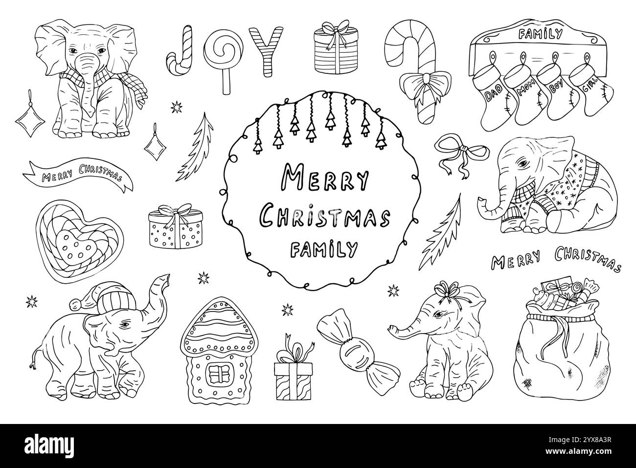 Un simpatico set natalizio di illustrazioni disegnate a mano per il nuovo anno, bambini, vacanze in famiglia, personaggi degli animali, cartolina. illustrazione vettoriale Illustrazione Vettoriale