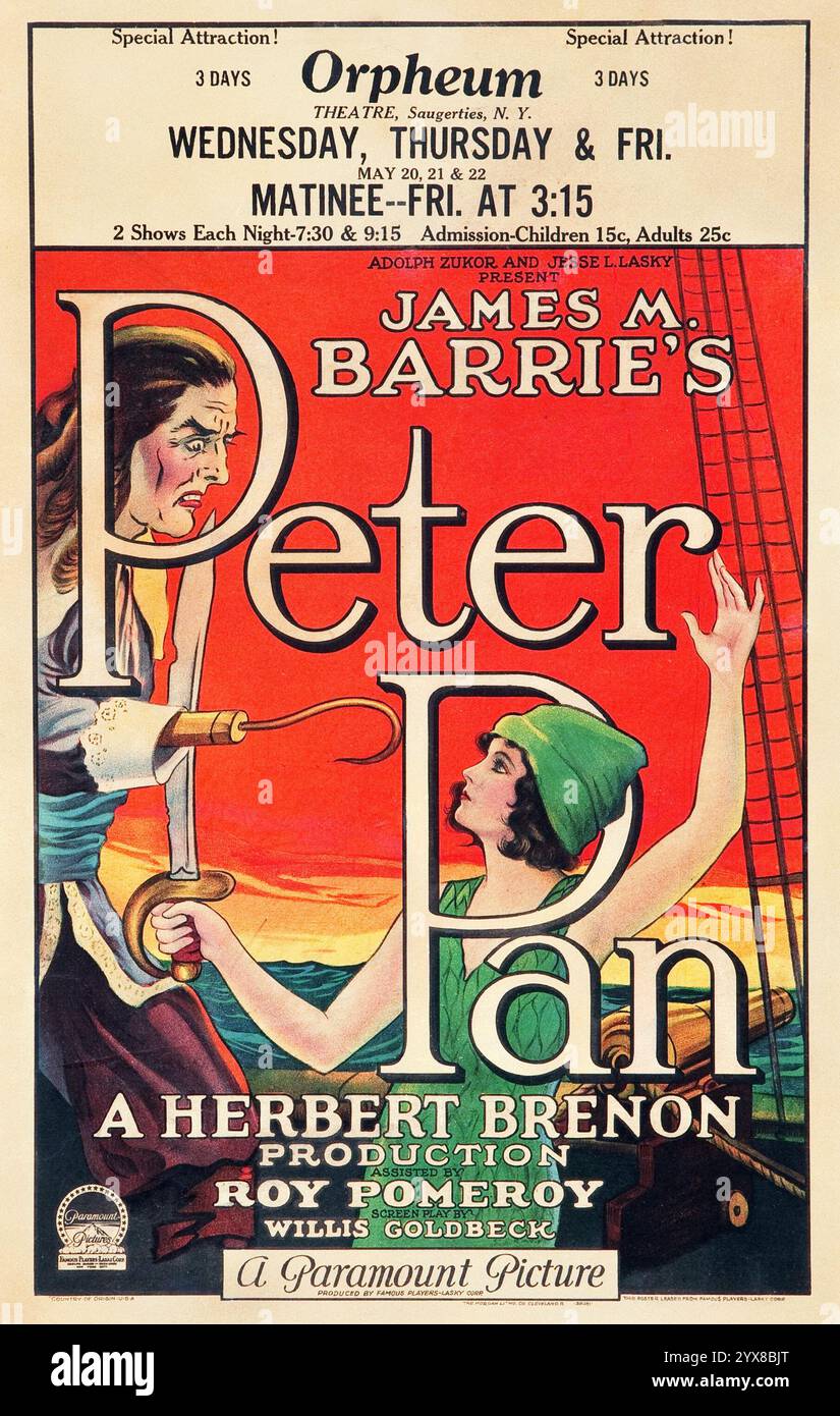 Adolph Zukor e Jesse L Lasky - poster della finestra per il film del 1924 Peter Pan - James M Barrie - Una produzione di Herbert Brenon. Roy Pomeroy - Silent film - Orpheum Theatre, Sugerties, New York Foto Stock