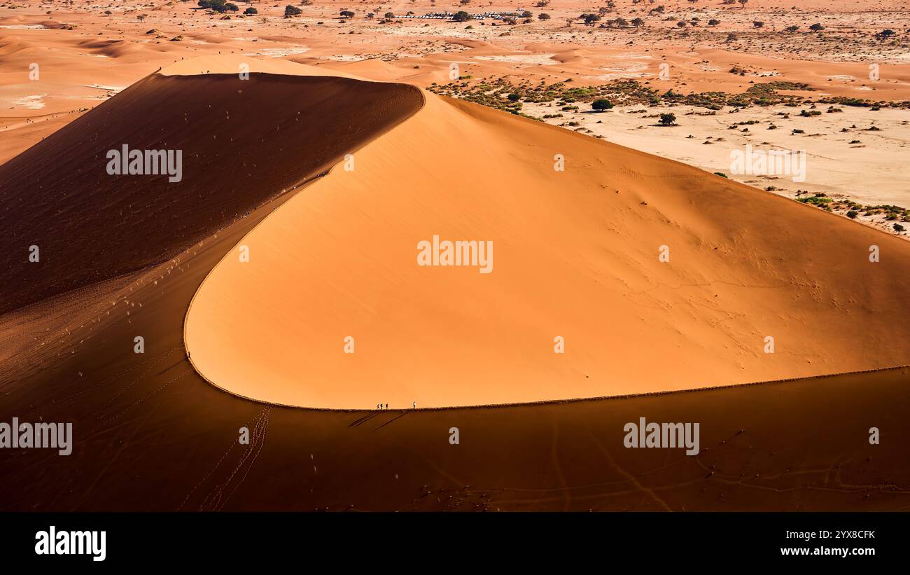 Dune di colore arancione viste dalla Big Daddy Dune, un gioco tra sole e ombre, Sossusvlei, Deadvlei, Sesriem National Park, Namibia, Africa. Foto Stock