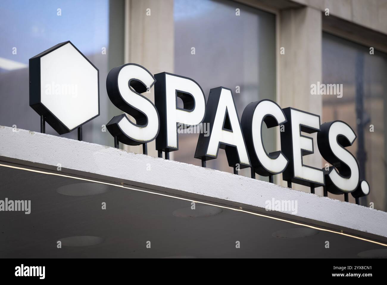 Segnaletica per gli spazi spazio per uffici di coworking nel centro di Manchester, Regno Unito. Foto Stock