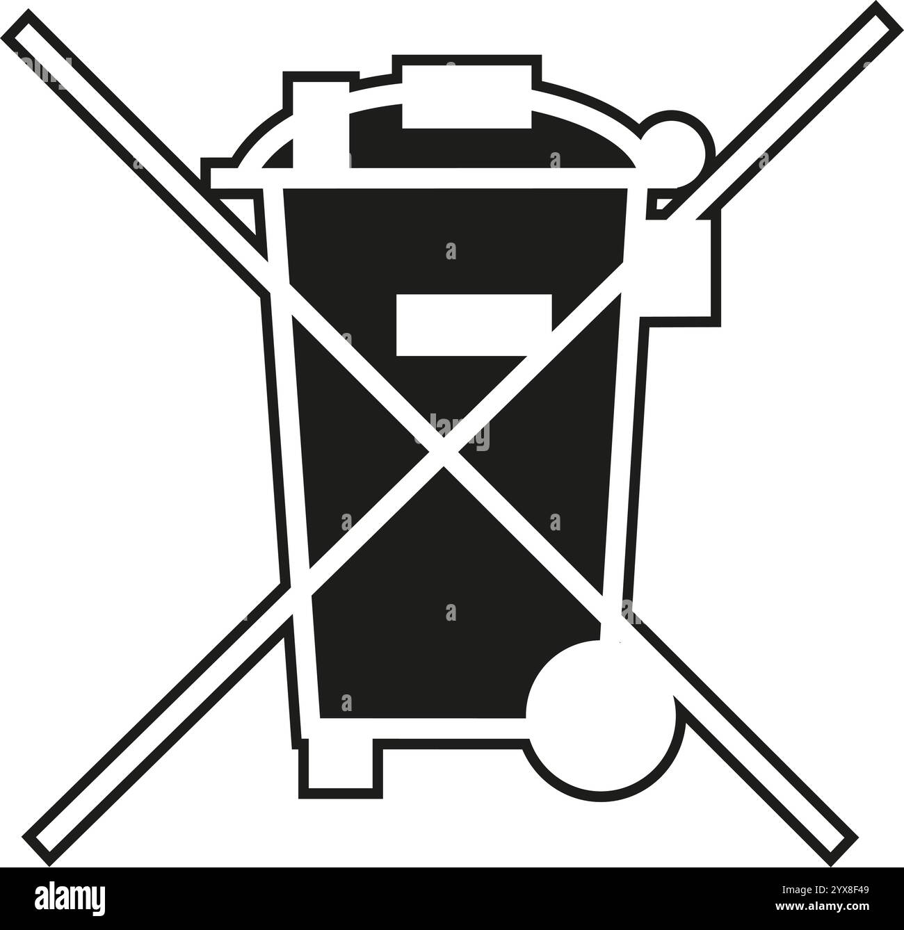 In bianco e nero non gettare i rifiuti qui simbolo con un bidone mobile per la spazzatura barrato, che rappresenta le normative sulla gestione dei rifiuti Illustrazione Vettoriale