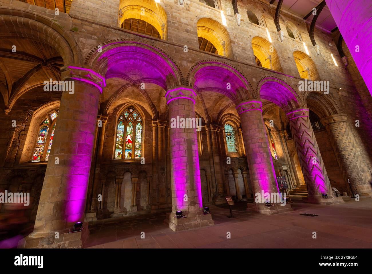 Pilastri e archi nella nave dell'Abbazia di Dunfermline illuminati da luci colorate, Fife, Scozia Foto Stock