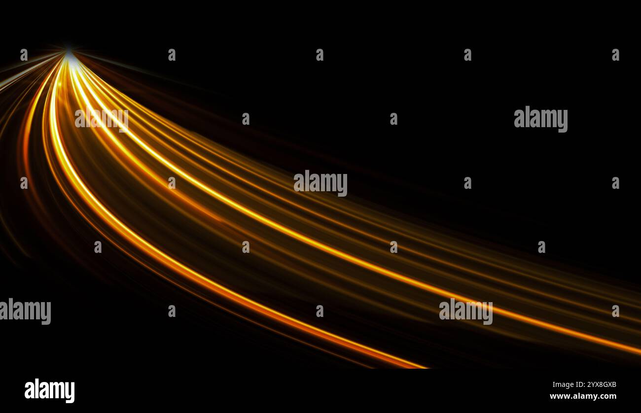 Attira il movimento della linea d'oro, la linea d'onda astratta, lo sfondo della tecnologia della luce, lo spazio di copia . Eleganti curve chiare al neon dorate su sfondo scuro Foto Stock