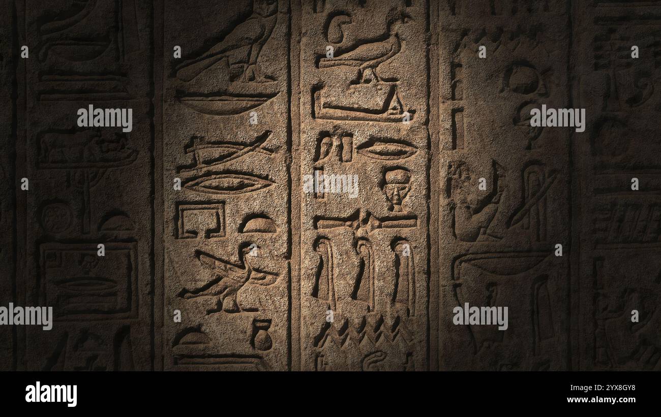 Punto luminoso che si muove sui geroglifici egiziani Foto Stock