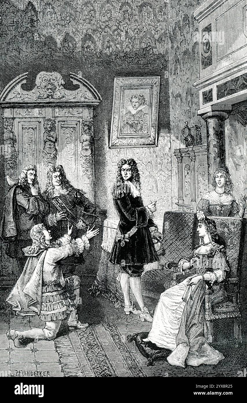 La didascalia dei primi anni '1900 recita: "IL DUCA DI MONMOUTH IMPLORANDO MISERICORDIA DA GIACOMO II - Giacomo II dovette affrontare un'altra ribellione prima di quella che alla fine lo fece cadere dal suo trono. Il duca di Monmouth era un figlio illegittimo del precedente re, fratello di Giacomo. Monmouth era bello, popolare e sciocco, ed era ampiamente sostenuto nel tentativo di conquistare il trono. Le sue truppe furono, tuttavia, facilmente sconfitte, e lui stesso agì in modo codardo, fuggendo e nascondendosi in un fosso. Quando fu catturato, tentò pietà ai piedi di re Giacomo, offrendosi di fare ogni possibile espiazione. James, invisibile Foto Stock