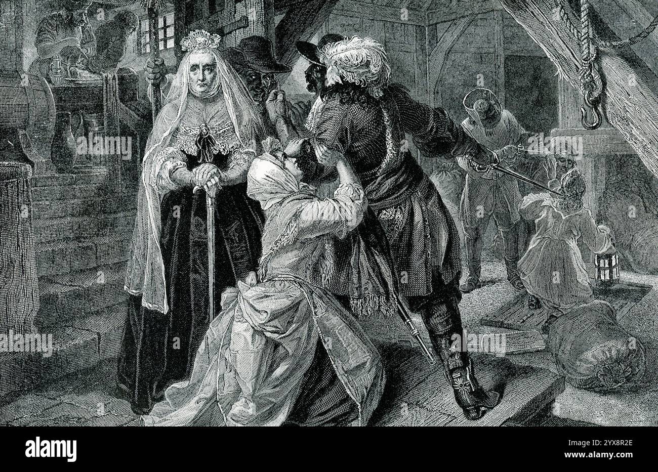 La didascalia dei primi anni '1900 recita: 'ARRESTO DI ALICE LISLE. Una delle vittime della ribellione di Monmouth era Alice Lisle, una donna anziana. Il suo unico crimine era quello di nascondere in casa sua due fuggitivi esausti dall'esercito di Monmouth. Una ricerca ha rivelato gli uomini nascosti, e la vecchia signora è stata arrestata e condannata ad essere bruciata viva. Il re fu così misericordioso che, dopo molte supposizioni, permise che venisse decapitata.” La ribellione fu guidata da James Scott, il duca di Monmouth, figlio illegittimo di re Carlo II. Monmouth guidò la ribellione perché credeva che il popolo inglese fosse in guai Foto Stock