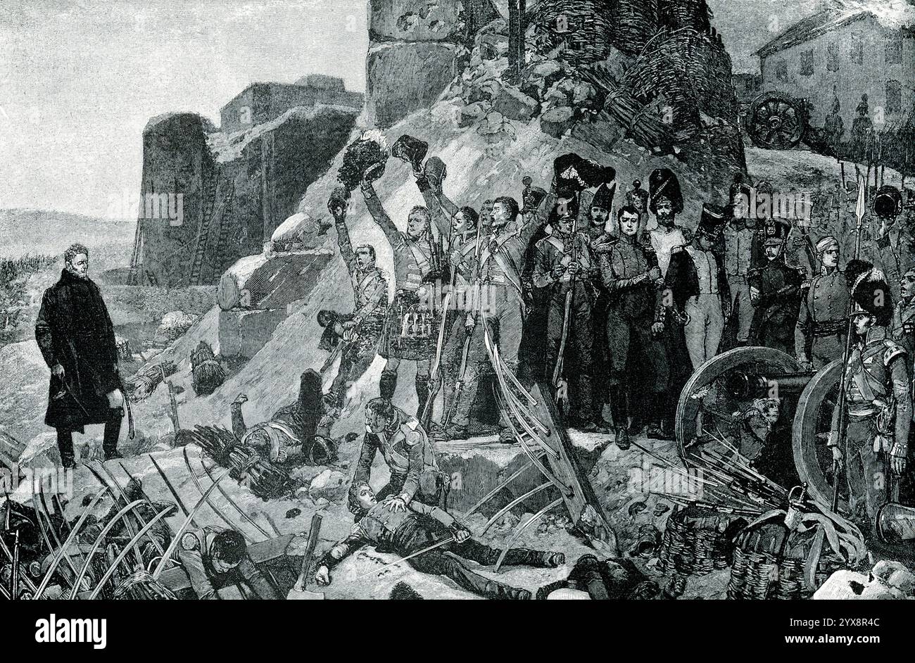 La didascalia dei primi anni '1900 recita: "WELLINGTON ENTRA A BADAJOZ DALLA BRECCIA CHE LE SUE TRUPPE AVEVANO PRESO D'ASSALTO. - Wellington e gli inglesi aiutarono la Spagna contro Napoleone. Badajoz era una vasta fortezza tenuta dai francesi, e le truppe inglesi la catturarono dal valore più eroico. Wellington, invece di entrare nella fortezza conquistata dalle porte, salì da solo e a testa nuda sulla stessa strada che i suoi uomini avevano montato in una tempesta di fuoco. Mentre scalava i muri in rovina, gli eroi sanguinosi e esausti lo acclamavano all'eco!" L'assedio di Badajoz, avvenuto dal 16 marzo al 6 aprile nel 18 Foto Stock