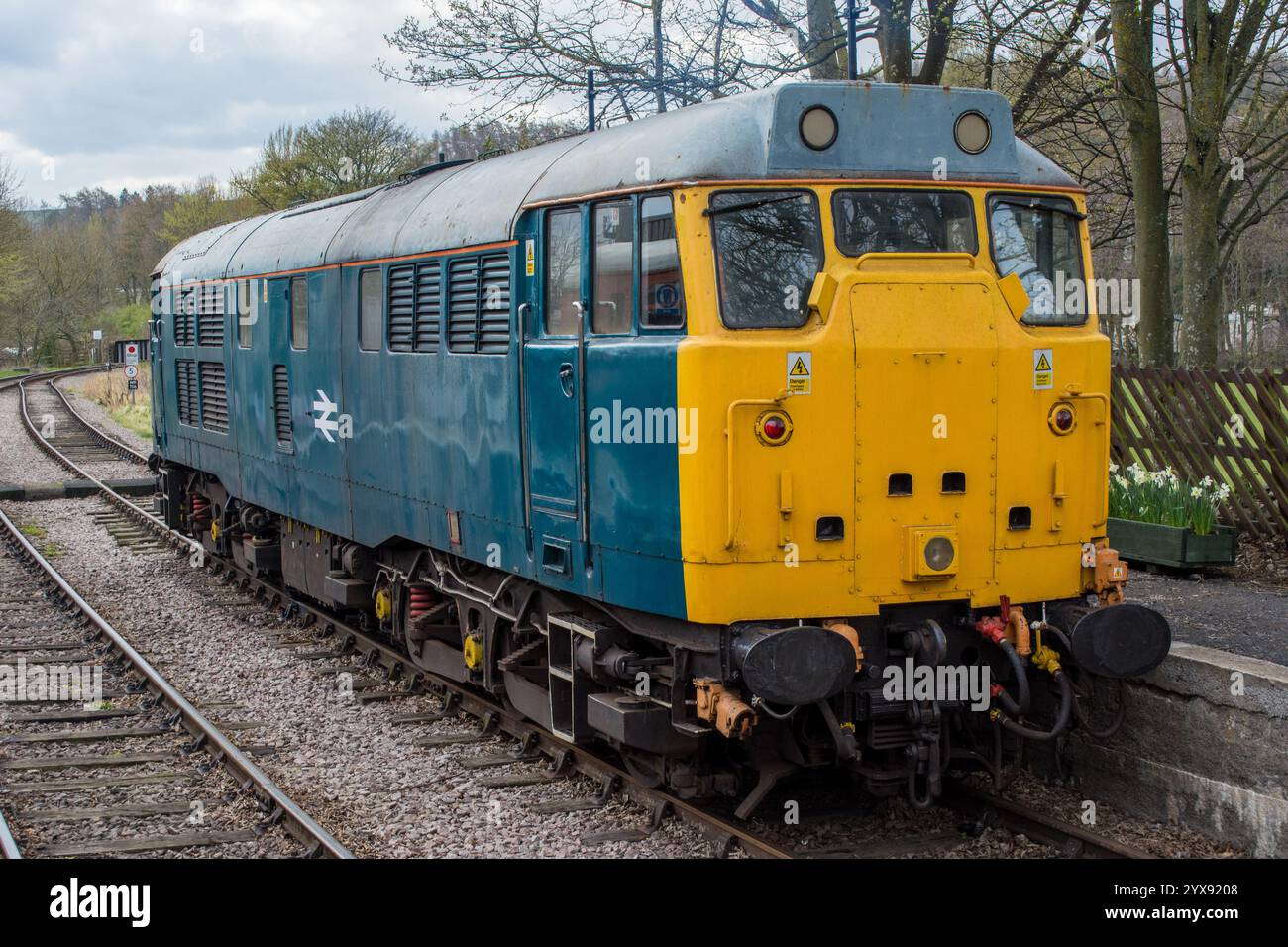 Una locomotiva diesel classe 31 conservata in livrea blu BR in piedi su una piattaforma della Weardale Railway durante il gala diesel del 2019 Foto Stock