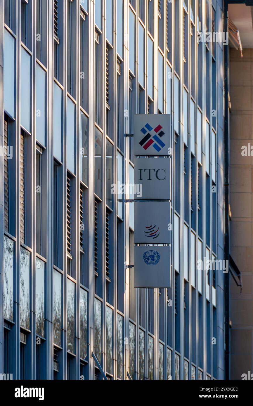 Facciata dell'International Trade Centre (ITC), un'agenzia congiunta dell'Organizzazione mondiale del commercio (OMC) e delle Nazioni Unite, Ginevra, Svizzera Foto Stock