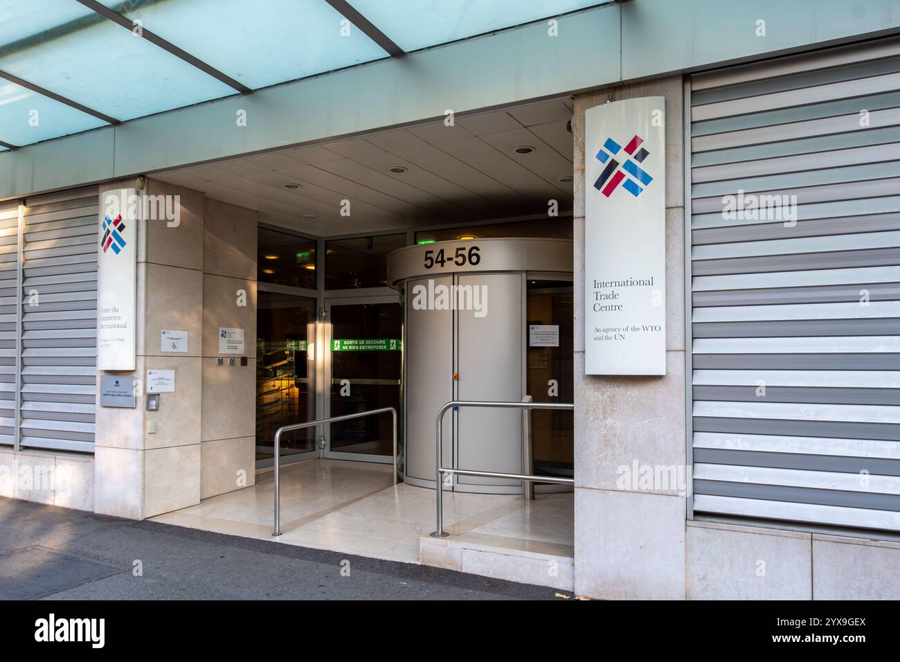 Ingresso all'International Trade Centre (ITC), un'agenzia congiunta dell'Organizzazione mondiale del commercio (OMC) e delle Nazioni Unite, ginevra, Svizzera Foto Stock