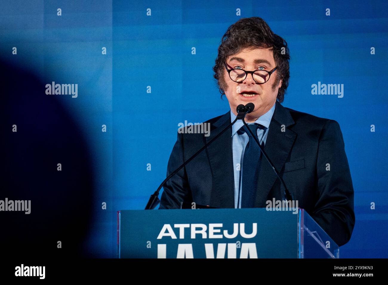 Roma, Italia. 14 dicembre 2024. Il presidente argentino Javier Milei partecipa all'incontro politico di Atreju organizzato dai giovani militanti del partito italiano Fratelli d'Italia al Circo massimo di Roma. (Foto di Stefano Costantino/SOPA Images/Sipa USA) credito: SIPA USA/Alamy Live News Foto Stock