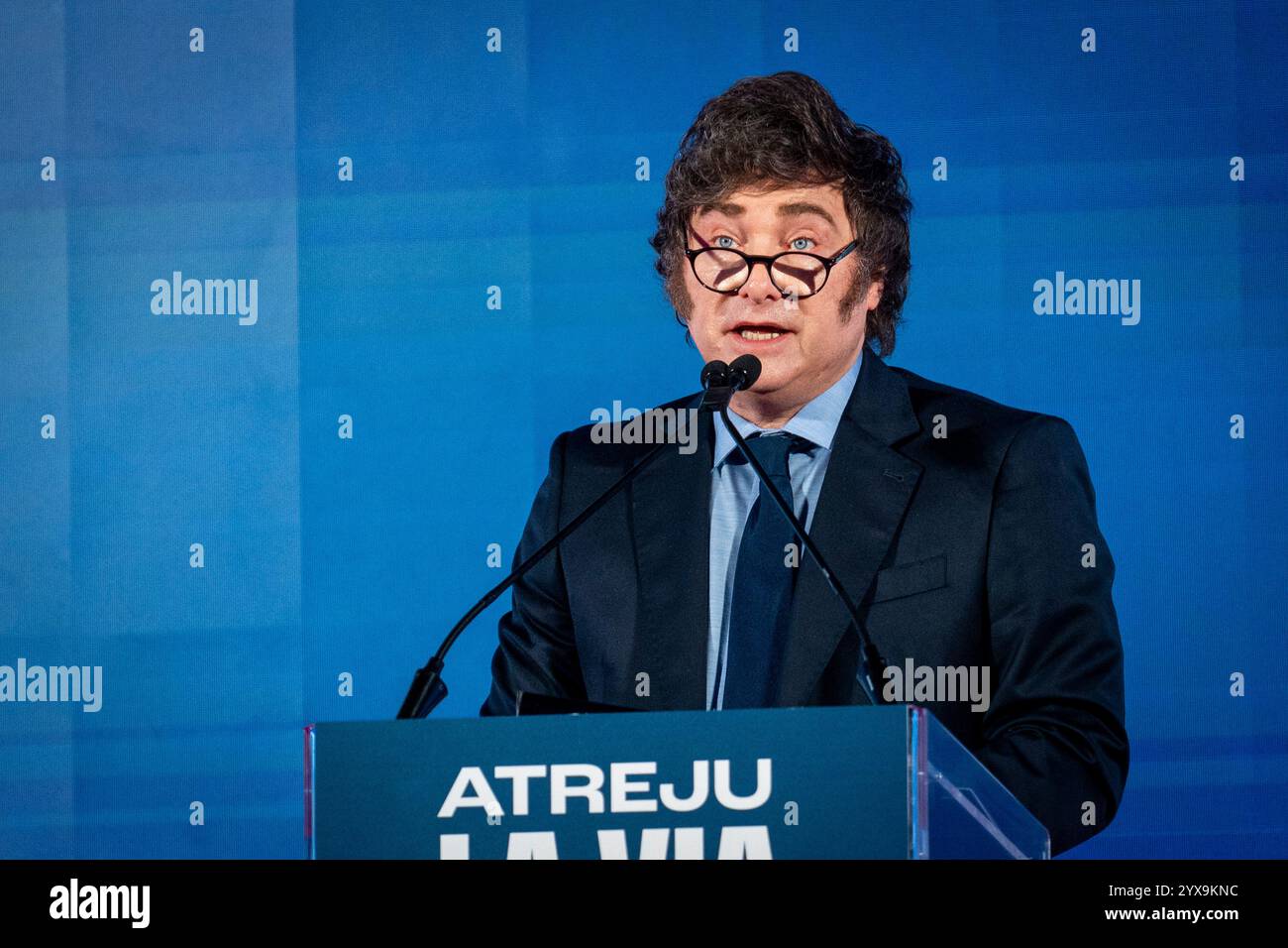 Roma, Italia. 14 dicembre 2024. Il presidente argentino Javier Milei partecipa all'incontro politico di Atreju organizzato dai giovani militanti del partito italiano Fratelli d'Italia al Circo massimo di Roma. (Foto di Stefano Costantino/SOPA Images/Sipa USA) credito: SIPA USA/Alamy Live News Foto Stock