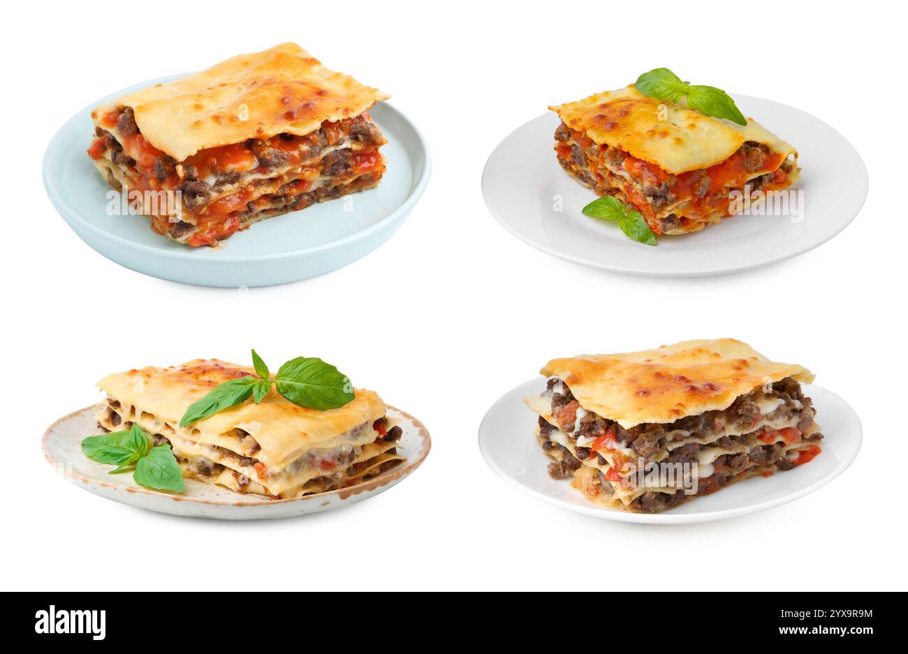 Set di deliziose lasagne isolate su bianco Foto Stock