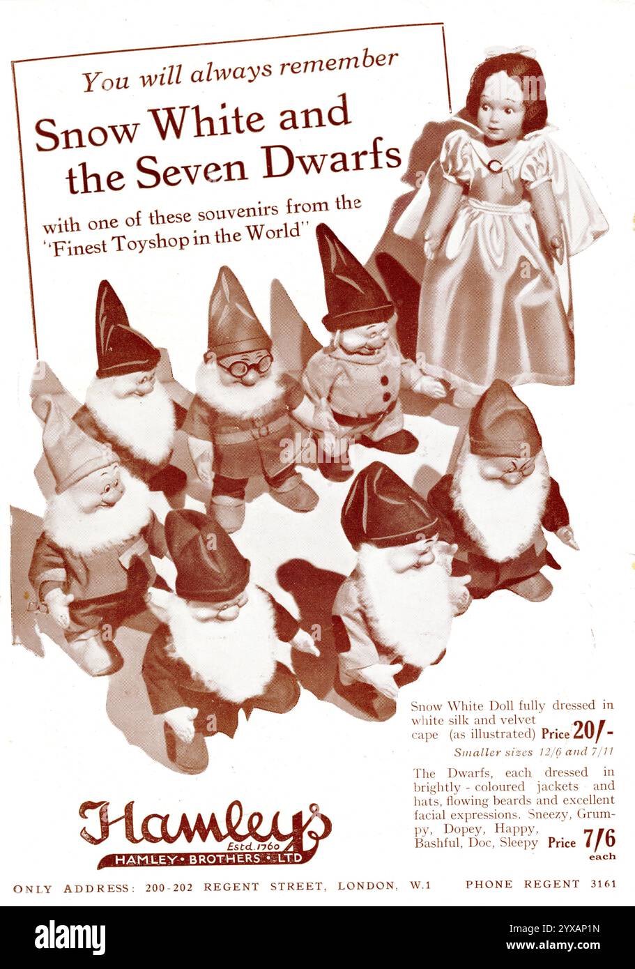 Un annuncio dal programma souvenir speciale del 1938 dal New Gallery Cinema in Regent Street, Londra per il BIANCO NEVE DI WALT DISNEY E I SETTE NANI 1937 supervisore del regista DAVID HAND Story dei FRATELLI GRIMM Music FRANK CHURCHILL Words LARRY MOREY Walt Disney Productions / RKO radio Pictures Foto Stock