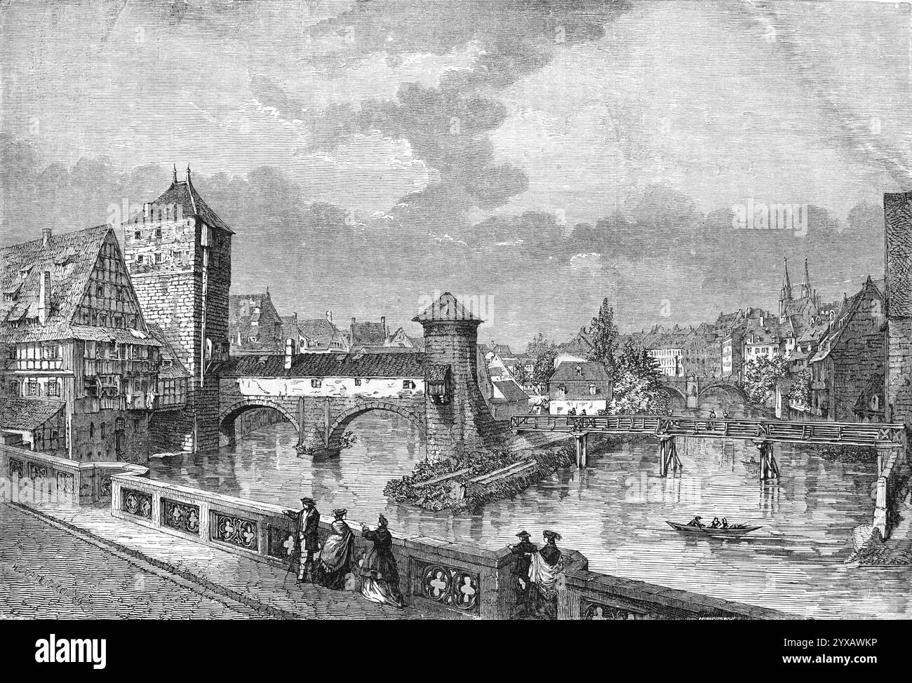 Vista storica del fiume Pegnitz e del Ponte Vecchio di pietra Maxbrücke, o Ponte Max (1475) nella città vecchia o nel quartiere storico di Norimberga, Baviera, Germania. Incisione vintage o storica o illustrazione 1864 Foto Stock