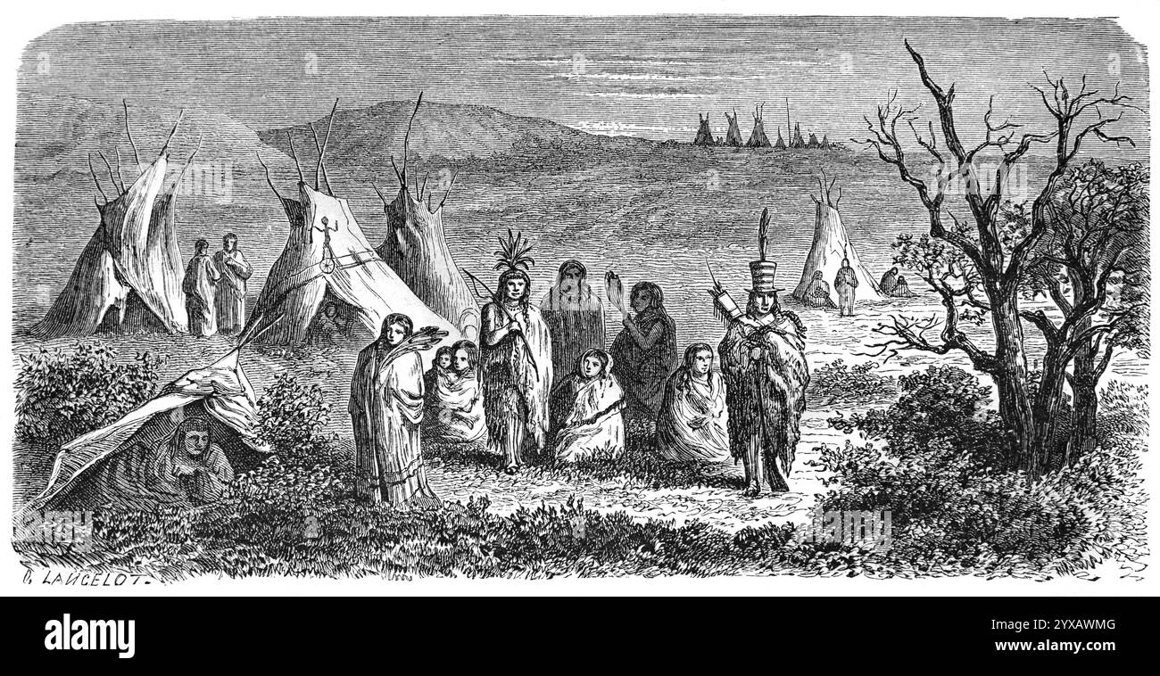 Sioux Camp, Encampment, Tipis o Tepee Viillage negli Stati Uniti, negli Stati Uniti o negli Stati Uniti d'America. Incisione vintage o storica o illustrazione 1864 Foto Stock