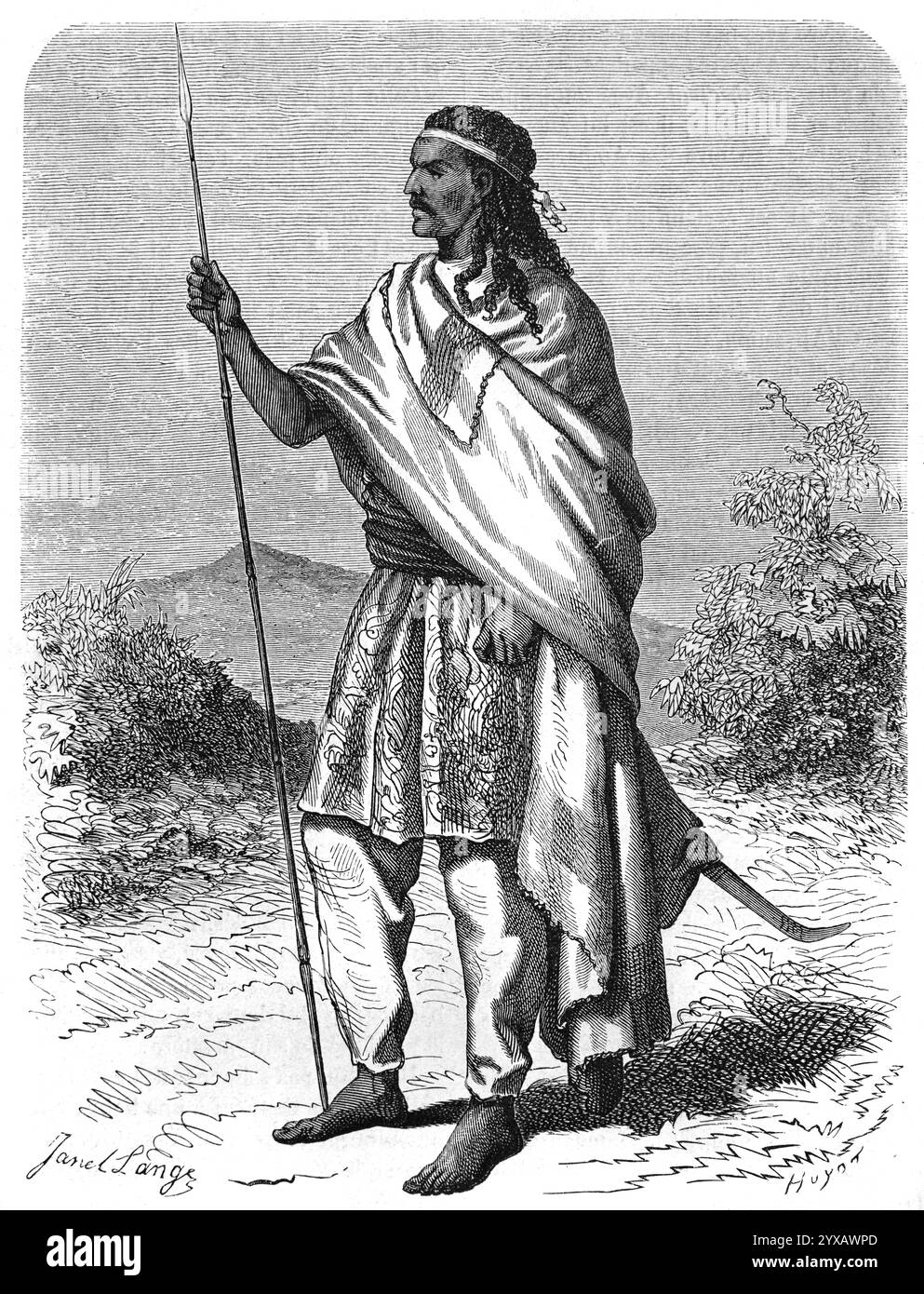 Ritratto a lunghezza intera di Tewodros II, o Negus Teodoro II, battezzato Kassa (c1818-1868) Imperatore d'Etiopia (1855-1868) Etiopia Africa. Incisione vintage o storica o illustrazione 1864 Foto Stock