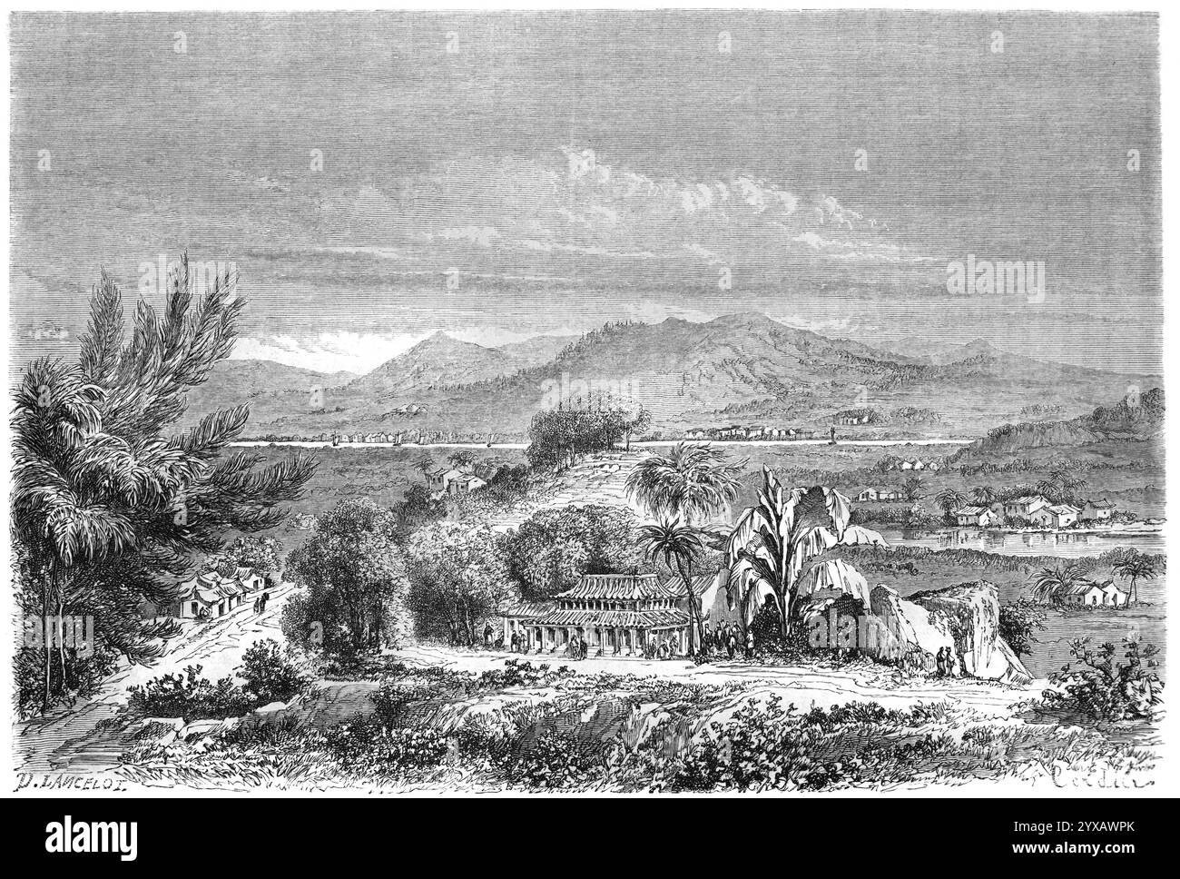 Panoramica del paesaggio o Vista panoramica della min Valley vicino a Suzhou Cina. Incisione vintage o storica o illustrazione 1864 Foto Stock