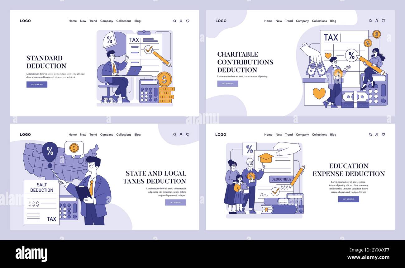 Detrazioni imposte impostate. Esplorare vari concetti di cancellazione fiscale con individui e famiglie. Detrazioni standard, caritatevoli, statali e scolastiche. Illustrazione vettoriale. Illustrazione Vettoriale