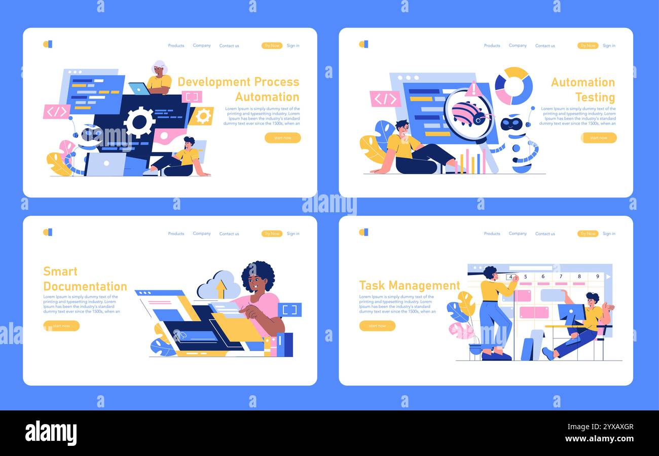 Set di automazione dello sviluppo. Interfaccia digitale che illustra i processi automatizzati. Lavoro di squadra efficiente, documentazione intelligente e gestione delle attività. Illustrazione vettoriale. Illustrazione Vettoriale
