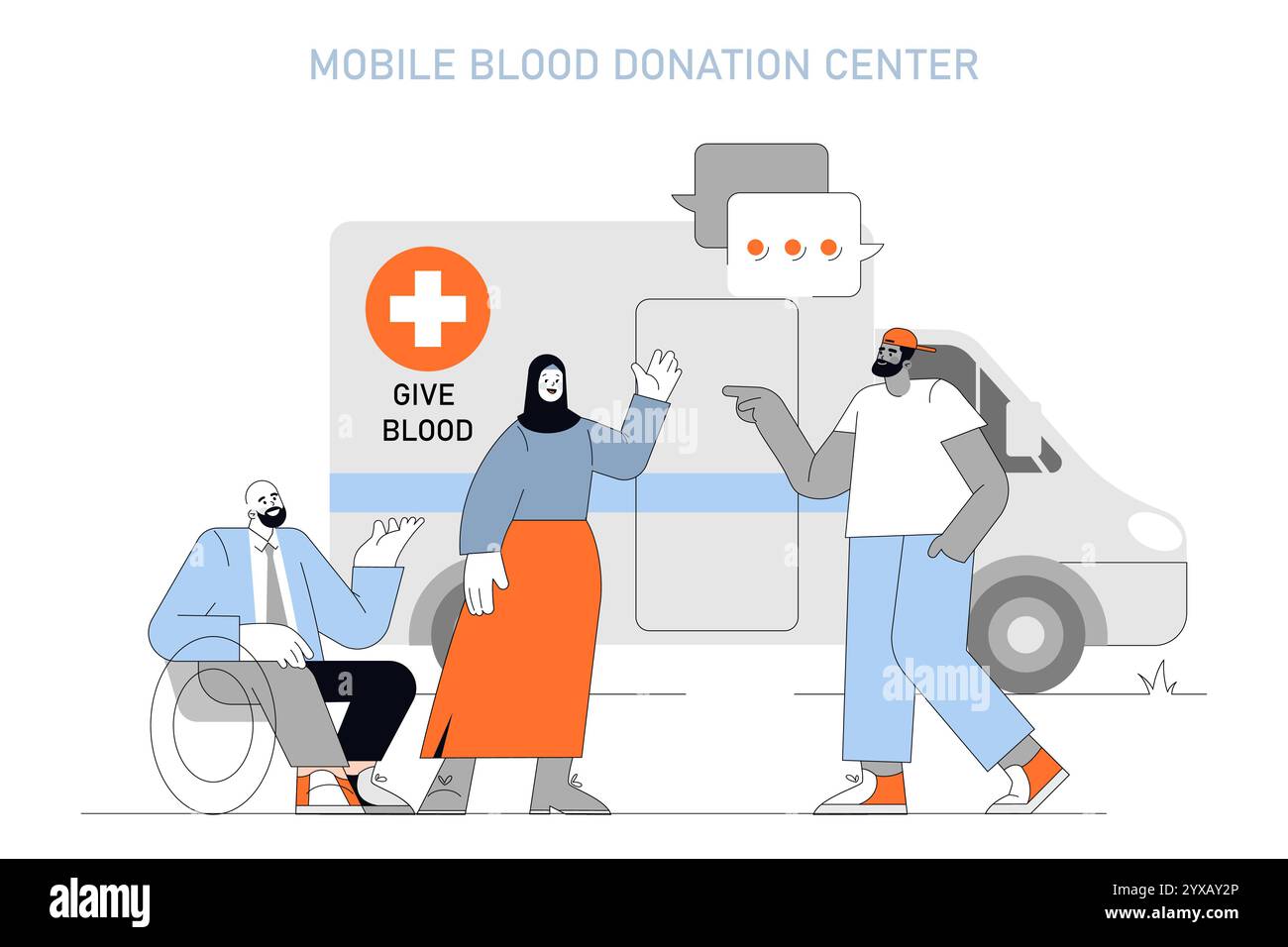 Il giorno dei donatori di sangue. Volontari nei pressi di un centro mobile per la donazione del sangue, promuovendo l'importanza di donare il sangue. Servizio comunitario e assistenza sanitaria. Illustrazione vettoriale. Illustrazione Vettoriale