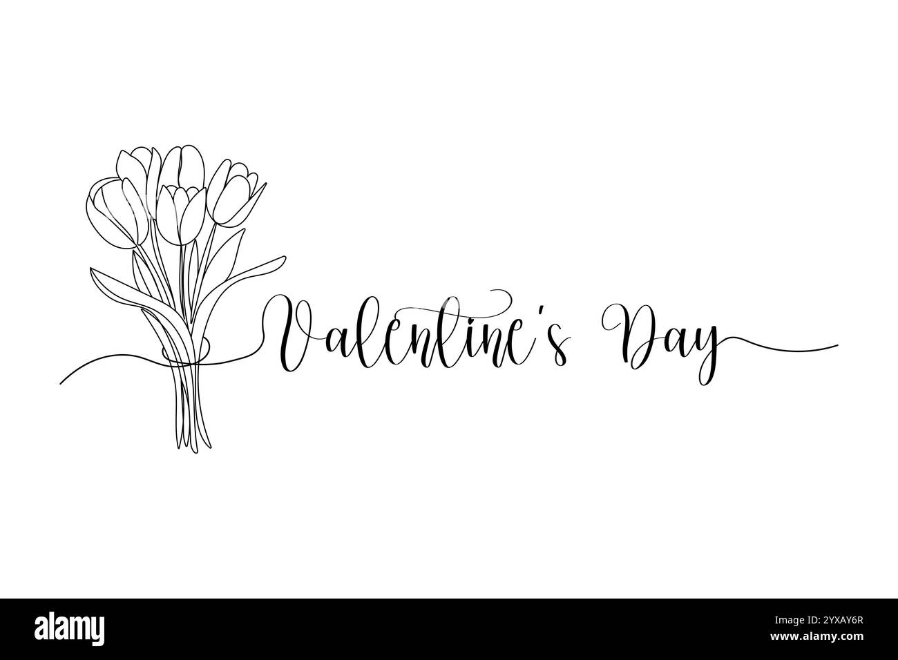 San Valentino, bouquet di tulipani. Una linea continua e un testo. per il design dei biglietti d'auguri Illustrazione Vettoriale