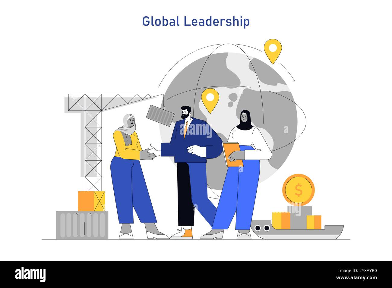 Concetto di leader delle donne. Diverse donne professionisti che guidano iniziative aziendali globali con fiducia e collaborazione. Illustrazione vettoriale. Illustrazione Vettoriale