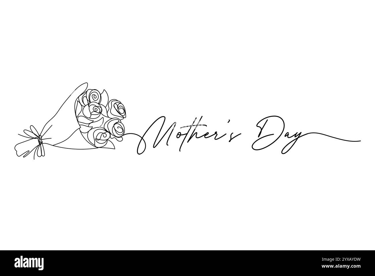 Festa della mamma, bouquet di rose. Una linea continua e un testo. per il design dei biglietti d'auguri Illustrazione Vettoriale