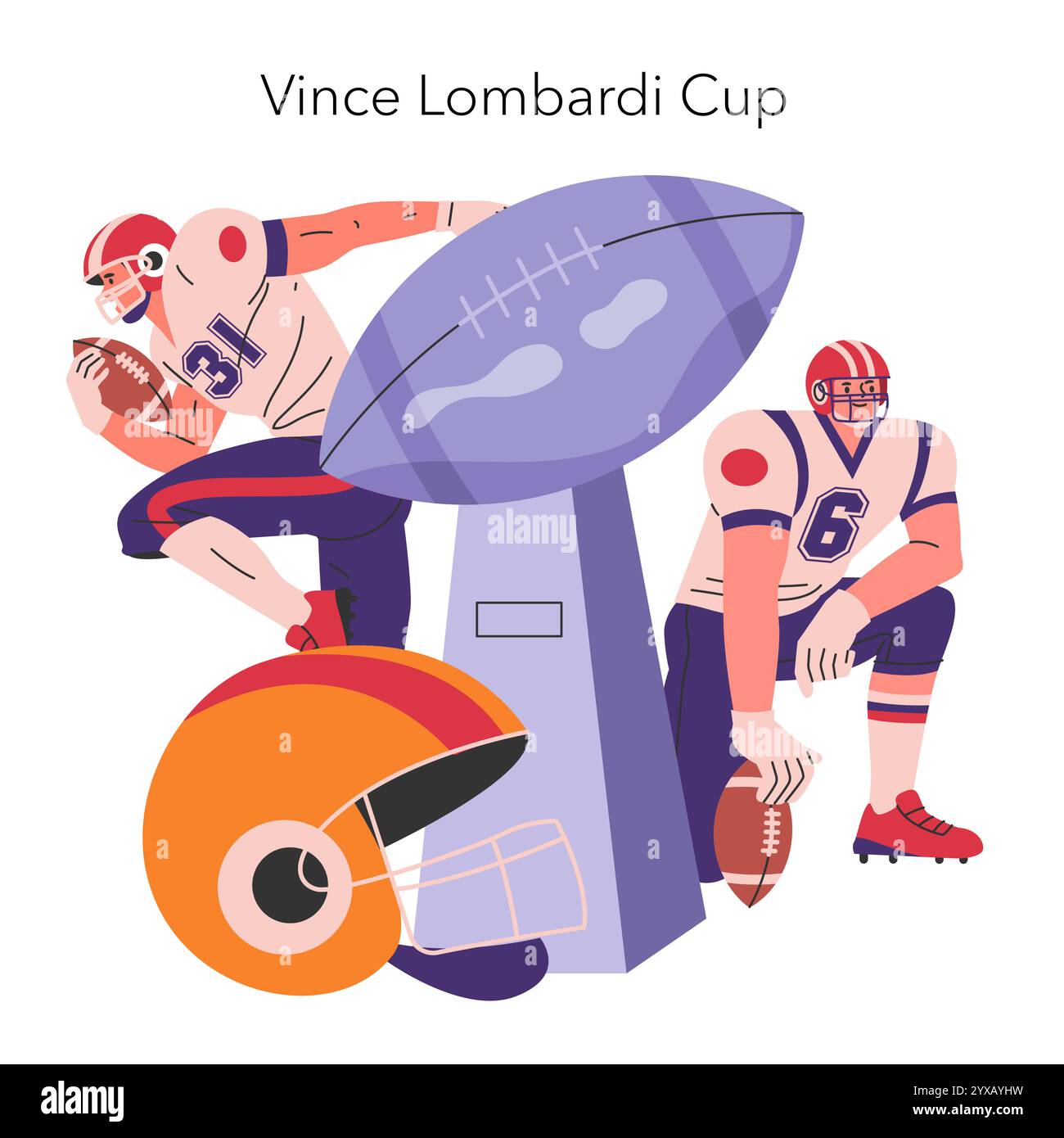 Concetto di Super Bowl. Giocatori in pose proattive con trofei e accessori iconici, che rappresentano l'anticipazione e lo spirito del gioco. Illustrazione vettoriale. Illustrazione Vettoriale