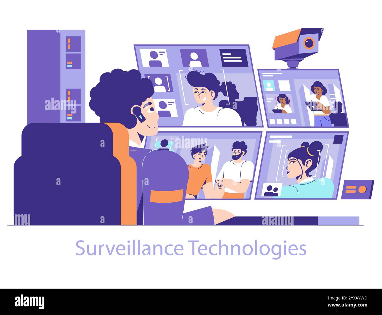 Concetto di tecnologia di sorveglianza. Il personale addetto alla sicurezza monitora più schermi per motivi di sicurezza. Osservazione in tempo reale, prevenzione del crimine e coordinamento del team. Illustrazione vettoriale. Illustrazione Vettoriale