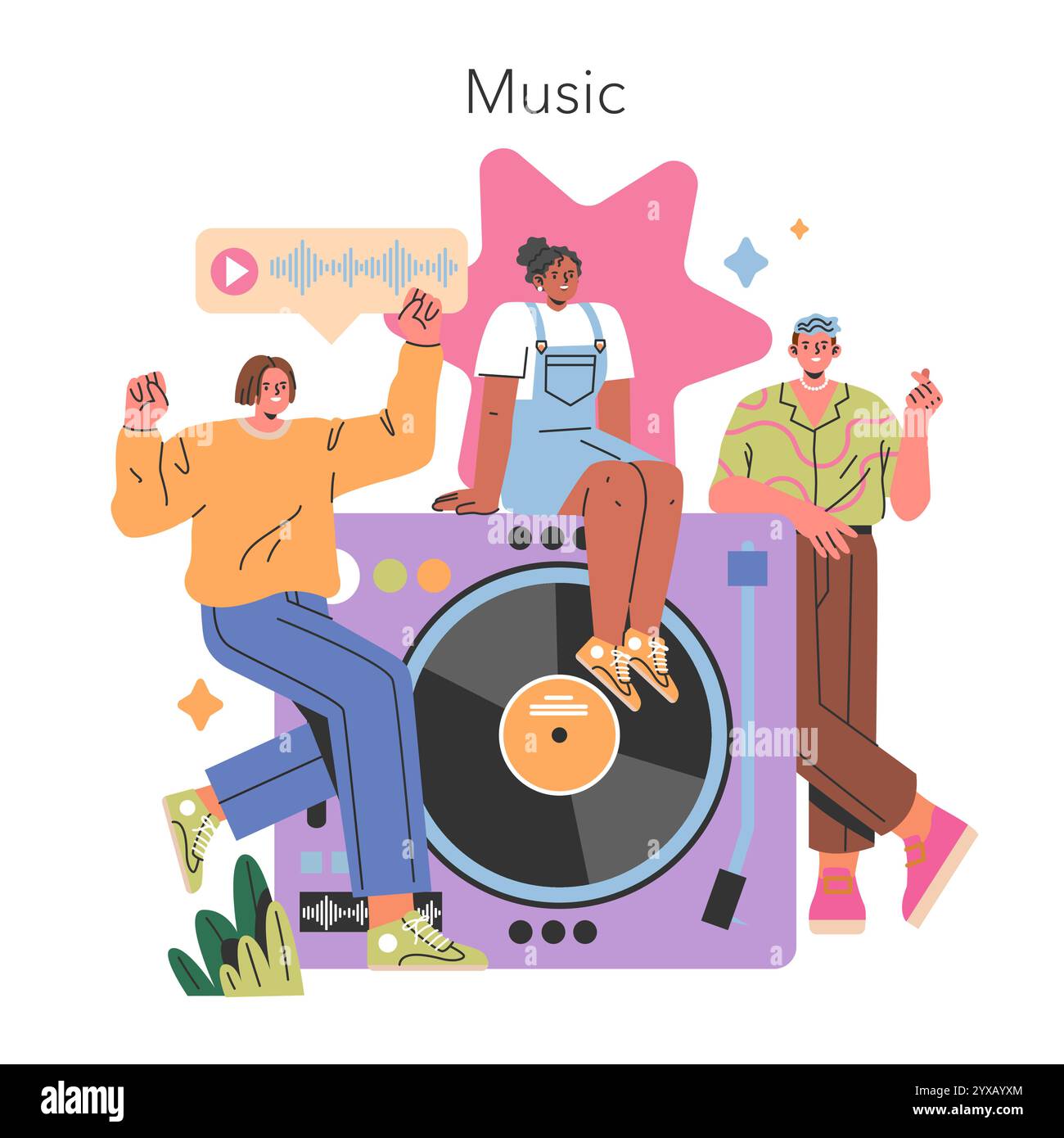 Gli appassionati di musica della generazione Z possono godersi una vivace sessione di registrazione in vinile con abiti alla moda e pose divertenti. Illustrazione vettoriale. Illustrazione Vettoriale