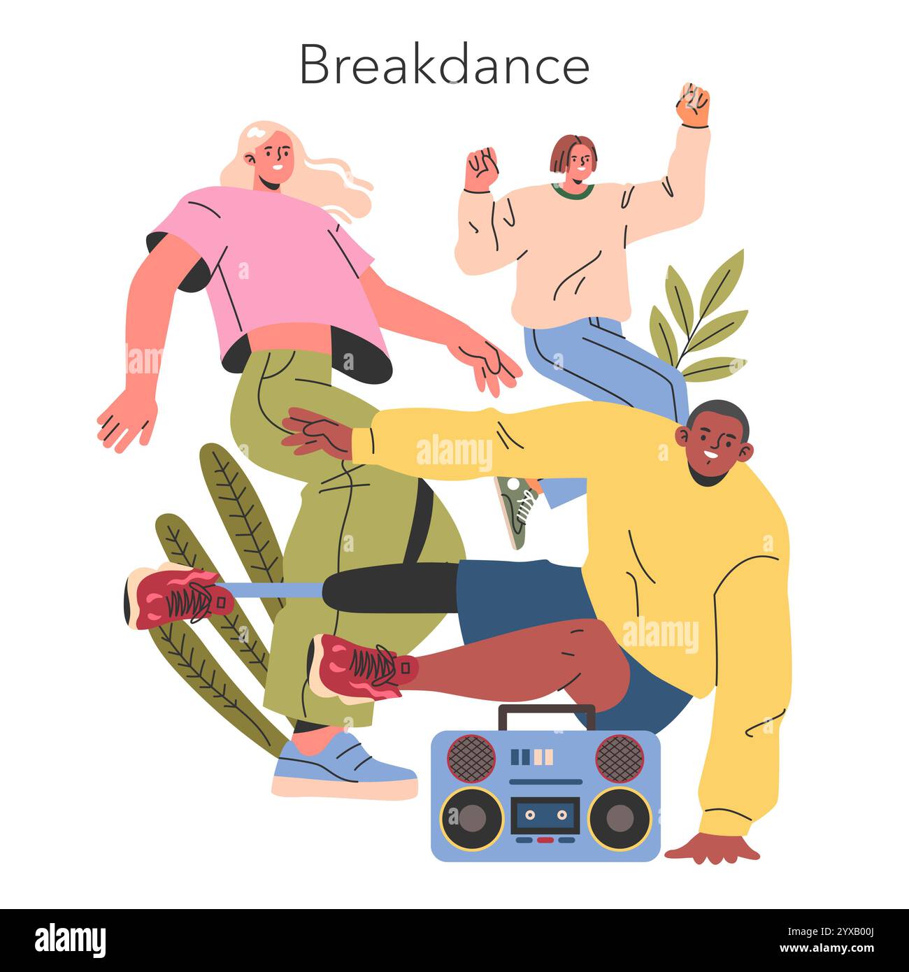 Concetto di breakdance. Due uomini e una donna che eseguono danza di strada con un boombox. Cultura hip-hop urbana e abilità di danza dinamica. Illustrazione vettoriale. Illustrazione Vettoriale