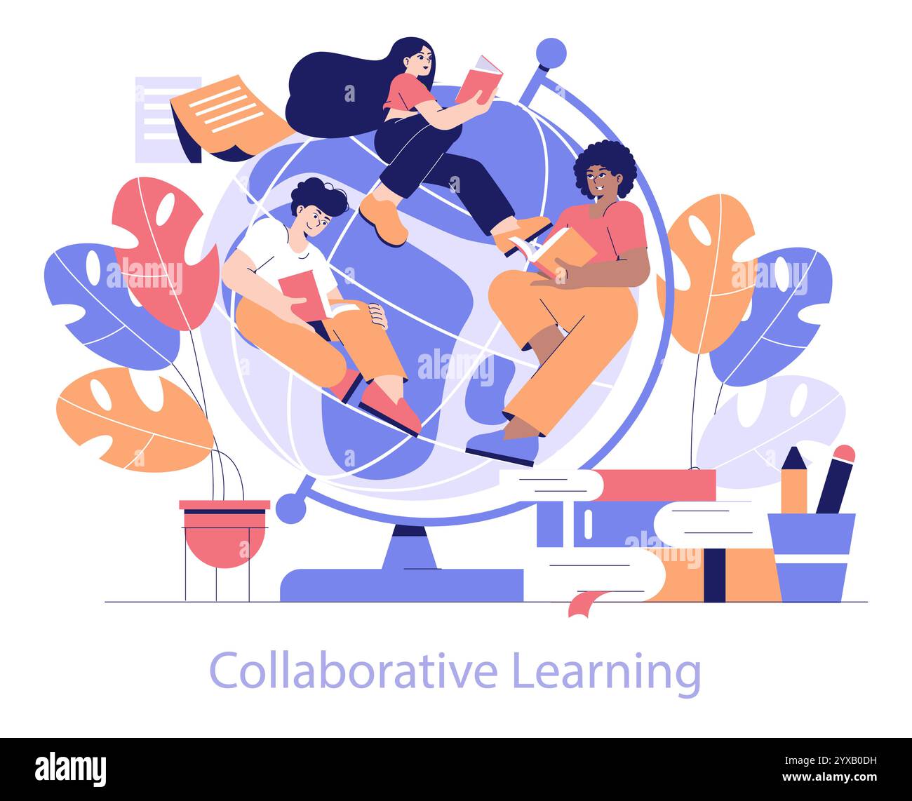 Concetto EdTech. Studenti diversi si impegnano nell'apprendimento collaborativo in tutto il mondo, simboleggiando l'istruzione globale e il lavoro di squadra. Illustrazione vettoriale. Illustrazione Vettoriale