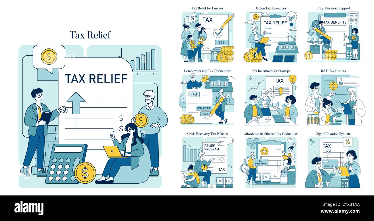 Set di agevolazioni fiscali. Illustrando diverse deduzioni e crediti fiscali per individui, famiglie e aziende. Vantaggi della politica fiscale e concetti di risparmio finanziario. Illustrazione vettoriale. Illustrazione Vettoriale
