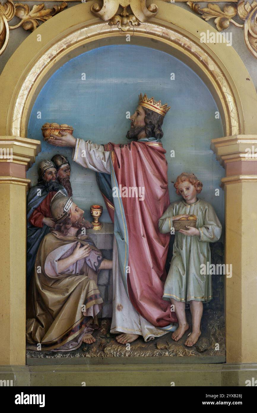 Incontro di Abramo e Melchizedek, altare maggiore nella chiesa parrocchiale del Sacro cuore di Gesù a Velika Pisanica, Croazia Foto Stock