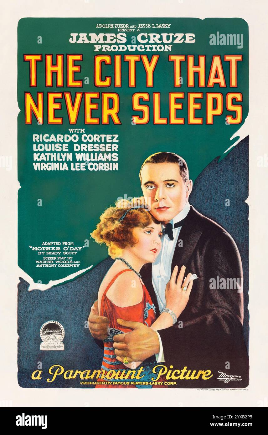 James Cruze Production - The City That Never Sleeps (Paramount, 1924) Ricardo Cortez, Louise Dresser, Kathlyn Williams e Virigina Lee Corbin - Silent film - Vecchio poster cinematografico Foto Stock