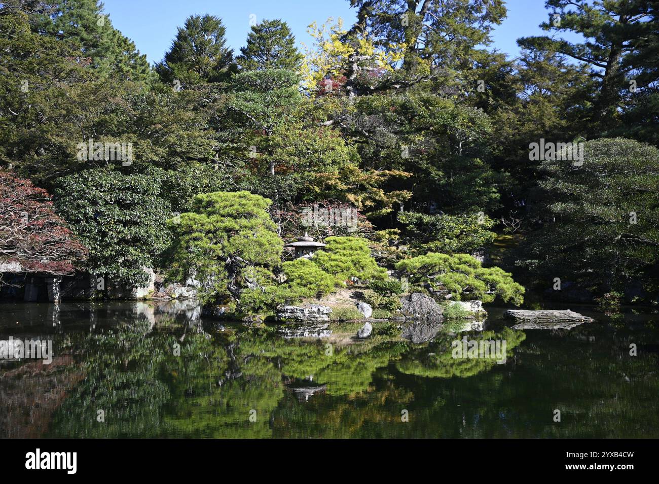 Lanterna in pietra Yukimi-gata sul terreno del giardino 'Oike-niwa' al Palazzo Imperiale di Kyōto (Kyōto-gosho) a Kyoto, Giappone. Foto Stock