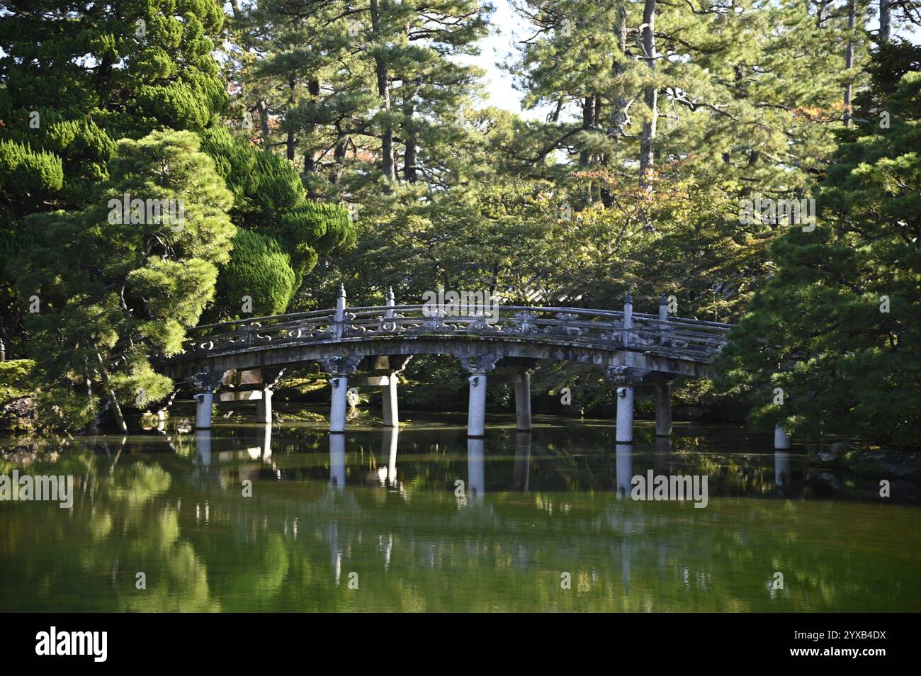 Ponte Keyaki e stagno nel giardino 'Oike-niwa' di fronte ai palazzi 'Kogosho' e 'Ogakumonjō' presso il Palazzo Imperiale di Kyōto (Kyōto-gosho) a Kyoto, Giappone. Foto Stock