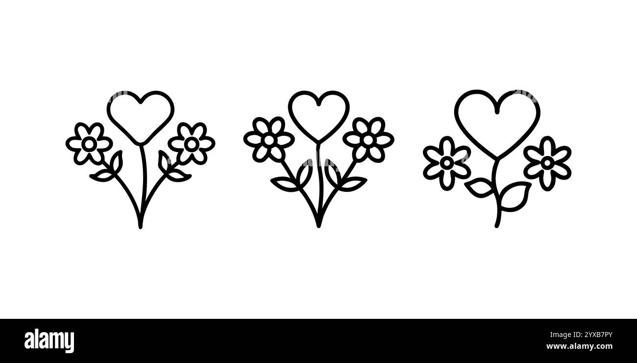 set di icone flower heart, segno di stile lineare per concept mobili e web design. icona vettoriale contorno cuore fiore. Simbolo, illustrazione del logo. Illustrazione Vettoriale