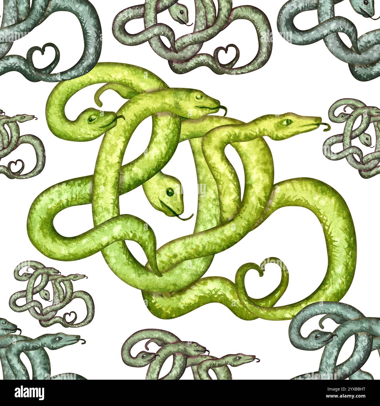 Sfondo con simbolo lunare del nuovo anno 2025 serpente verde in legno. Motivo senza cuciture con illustrazione di serpenti su sfondo bianco. Modello acquerello Foto Stock