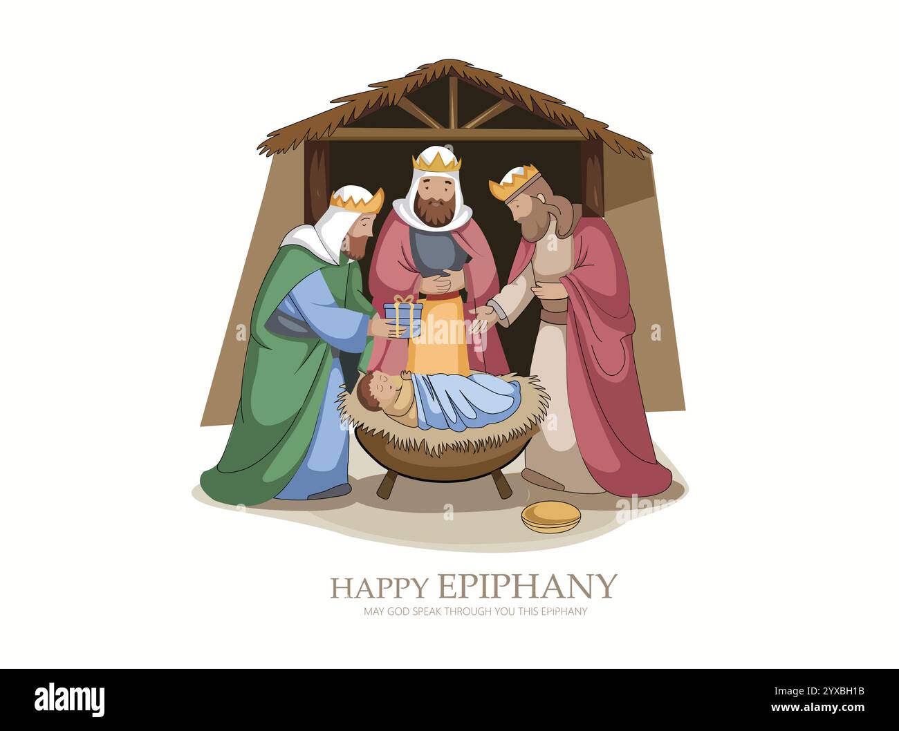 Illustrazione vettoriale della scena dell'Epifania con i tre saggi e Gesù. Illustrazione Vettoriale