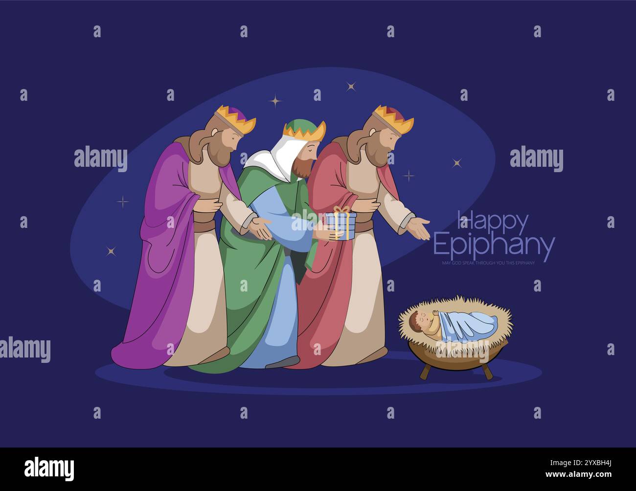 Illustrazione vettoriale della scena dell'Epifania con i tre saggi e Gesù. Illustrazione Vettoriale