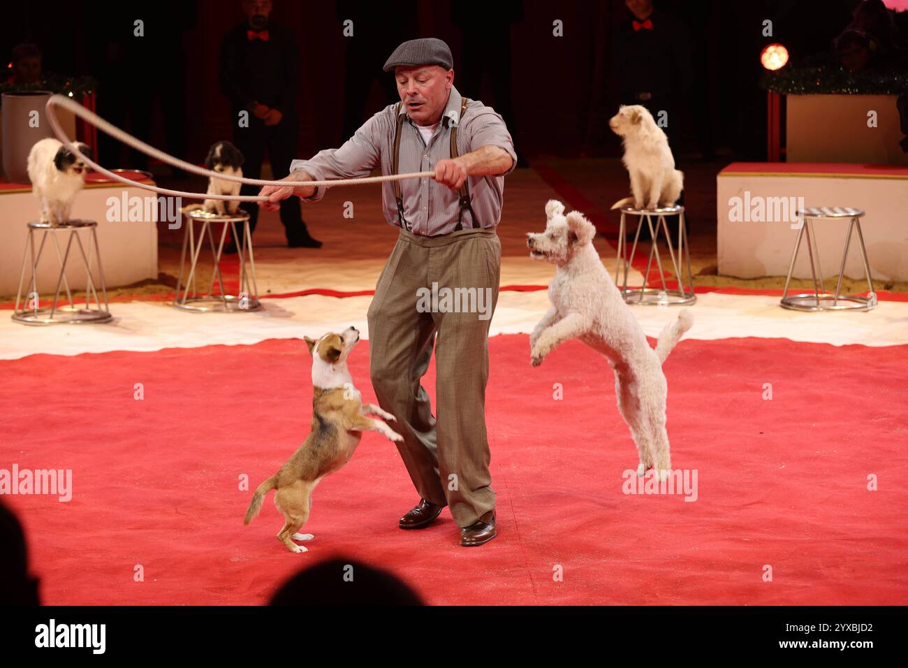 Wolfgang Lauenburger - der Hundeflüsterer bei der Premiere des 27. Dresdner Weihnachts-Circus an der Washingtonstraße. Dresda, 13.12.2024 *** Wolfgang Lauenburger il capriccio del cane alla prima del circo natalizio di Dresda del 27 a Washingtonstraße Dresda, 13 12 2024 Copyright: XMatthiasxWehnertx Foto Stock